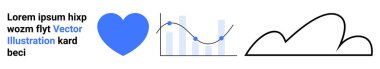 Mavi kalp ikonu, akış çizelgesi olan çubuk grafik ve minimalist bulut hatları veri görselleştirmesi, analitik, duygu, bulut hesaplaması öneriyor. Aşk için ideal, trendler, teknoloji sade iniş