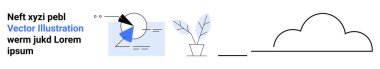 Geometrik şekilli çizelge, metin ve saksıdaki bitki soyut bir bulut ile dengelenmiş. Analiz, sunum, teknoloji, veri, dekor, yaratıcılık için ideal modern tasarım basit iniş sayfası