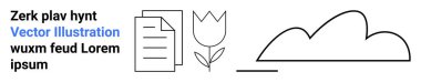 Belgeler ve basit bir bulut çizgisi olan çiçek açan lale. Yaratıcı kavramlar için ideal, eğitim, doğa, eko temaları, minimalist tasarım, çiçek motifleri, basit iniş sayfası