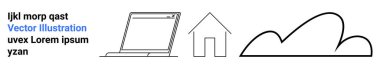 Dizüstü bilgisayar, ev ve bulut çizgileri. Teknoloji, ev ofisi, sürdürülebilirlik, bağlantı, basitlik yeniliği ve eğitim kavramları için idealdir. Basit bir iniş sayfası için mükemmel.