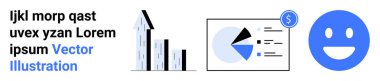 Büyümeyi gösteren çubuk grafik, para sembollü finansal pasta grafiği, ve büyük mavi gülen yüz. Finans, istatistik, başarı, iş büyümesi, veri analizi, motivasyon için ideal basit iniş sayfası