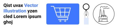 Mavi bir meydanda alışveriş arabası, elinde büyüteç, ve daire şeklinde fabrika çizgisi. E-ticaret, iş, çevrimiçi alışveriş, arama, perakende satış, basit bir iniş sayfası yapmak için ideal