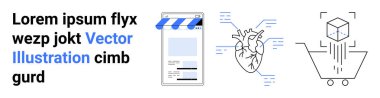 Online mağazayı gösteren akıllı telefon, veri noktalarını vurgulayan anatomik kalp diyagramı ve 3 boyutlu baskı küplü alışveriş arabası. E-ticaret, sağlık, yenilik, teknoloji eğitimi için ideal