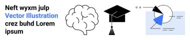 Beyin, mezuniyet şapkası, pasta grafiği ve geometrik şekiller bilgi, eğitim, veri, analitik, yaratıcılık araştırma beceri geliştirme fikirlerini vurguluyor. E-öğrenim platformları için ideal akademik