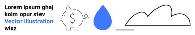 Para birimi sembollü domuz kumbarası, mavi su damlası ve çizilmiş bulut grafiği. Finans, tasarruf, sürdürülebilirlik, su tasarrufu, hava durumu, iklim ve basit iniş sayfası için ideal