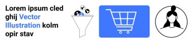 Huni filtreleme kullanıcı verileri, alışveriş arabası simgesi mavi, kadın profil avatarı. Çevrimiçi alışveriş, e-ticaret, pazarlama, kullanıcı akışı, müşteri yolculuğu, veri yönetimi basit iniş sayfası için ideal
