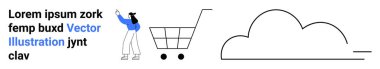 Alışveriş arabası ve soyut bulut çizimi olan bir kadının minimalist tasarımı. E-ticaret, bulut teknolojisi, dijital depolama, çevrimiçi alışveriş, basitlik, minimalizm, basit
