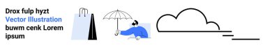Soyut bulutların altında şemsiye tutan adam, düşen yağmur damlaları, yakınlarda geometrik şekiller. Hava, iklim, minimalizm, yaratıcılık, soyutlama, basit iniş sayfası için ideal