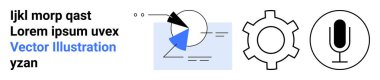 Geometrik grafik, turta grafiği ve oku ayarlar için dişli sembolü, ses için mikrofon. Teknoloji, veri analizi, özelleştirme, ayarlar, ses girişi, dijital araçlar için ideal basit iniş sayfası