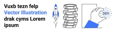 Yukarı doğru fırlatılan roket, ekonomik büyümeyi simgeleyen madeni paralar, DEFI 'nin el ele tutuşması engelleme zincirini simgeliyor. Kripto para birimi, merkezi olmayan finans, yatırımlar, teknoloji, fintech için ideal