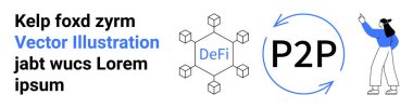 DeFi metni, dairesel P2P okları ve işaret eden bir kadın olan altıgen bloklama ağı. Finans, teknoloji, yenilik, engelleme zinciri, P2P, eğitim sade iniş sayfası için ideal