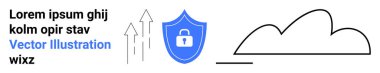 Kilitli bir kalkan, veri transfer okları, yüzen bulut. Siber güvenlik, çevrimiçi güvenlik, bulut depolama, veri şifreleme, bilgi güvenliği, veri koruması basit iniş sayfası için ideal