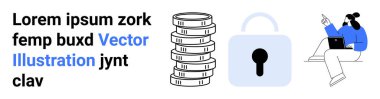 Birikmiş paralar, bir güvenlik kilidi sembolü ve dizüstü bilgisayarda çalışan biri. Finans, güvenlik, veri analizi, tasarruflar, teknoloji, eğitim veya basit bir iniş sayfası için ideal