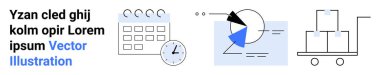 Saatli takvim, oklu pasta grafiği, el arabasında istiflenmiş paketler. Planlama, planlama, lojistik, analitik, zaman yönetimi, iş stratejisi için ideal basit iniş sayfası