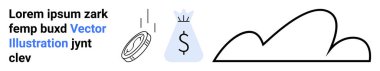 Para çantasına düşen para birikimleri, zenginliği ve kazançları temsil ediyor. Eğimli soyut çizgiler yukarı doğru büyümeyi sembolize eder. Finans, yatırım, tasarruf, bankacılık, iş planlaması için ideal