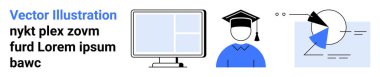 Bilgisayar ekranı, kepli mezun ve pasta grafiği e-öğrenme, veri ve eğitim kavramlarını gösteriyor. Eğitim için ideal, webinarlar, veri analizi, öğrenme modülleri eğitim sertifikaları için basit