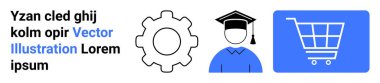 Teknoloji için vites, eğitim için mezuniyet şapkası ve e-ticaret için alışveriş arabası. Yenilik için ideal, çevrimiçi öğrenim, otomasyon, bilgi paylaşımı, akademik, perakende sade iniş sayfası