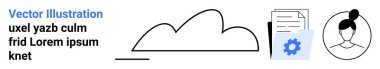Belge ile çevrili bulut simgesi, ayarlar için dişli ve kullanıcı profili ögeleri. Teknoloji, bulut depolama, veri paylaşımı, profiller, kullanıcı arayüzü, sistem ayarları için idealdir basit iniş sayfası