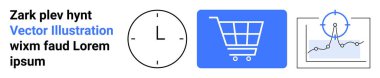 Zaman takibi için saat, e-ticaret için alışveriş arabası ve veri içgörüsü için analiz grafiği. Üretim için ideal, çevrimiçi mağaza, iş büyümesi, strateji, planlama, istatistik sade iniş