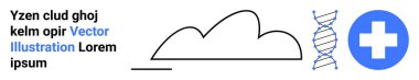 Tıbbi haç ve minimalist bulutun yanında DNA ipliği var. Sağlık, biyoteknoloji, genetik araştırma, tıbbi yenilikler, bulut teknolojileri, veri depolama, basit iniş sayfası için ideal