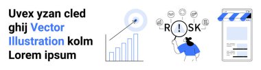 Yükselen eğilimli çizelge, oklu hedef, riskleri analiz eden kadın ve çevrimiçi mağaza önü. Analiz, strateji, iş, başarı, finans risk yönetimi için ideal basit iniş sayfası