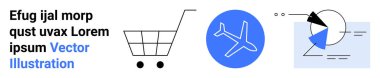 Alışveriş arabası, mavi daireli uçak ikonu ve geometrik şekilli soyut veri tablosu. E-ticaret, lojistik, seyahat, analitik, pazarlama, iş ve basit iniş sayfası için ideal