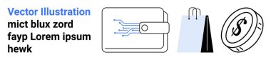 Çevrimiçi alışveriş, fintech ve e-ticaret için sembolize edilmiş devreli cüzdan, alışveriş çantası ve madeni para. Finansal uygulamalar, güvenli ödemeler, fintech girişimleri, modern işletmeler için ideal