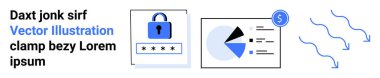 Kilitli kilit güvenliği temsil ediyor. Veri analizi için pasta grafiği. Mali durumlar için dolar parası ve akışı gösteren oklar. Teknoloji, finans, güvenlik, analitik, veri koruması için ideal