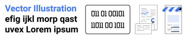 İkili kod, kağıtlardaki analitik çizelgeler ve akıllı telefon arayüzü. Teknoloji, veri analizi, kodlama, programlama, medya, iletişim için ideal basit iniş sayfası