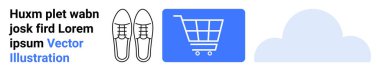Ayakkabılar, alışveriş arabası ve bulut elementleri e-ticaret, dijital alışveriş veya veri senkronizasyonunu akla getiriyor. Perakende, moda, bulut teknolojisi, e-ticaret platformları alışveriş uygulamaları pazarlama için ideal