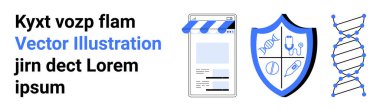 Mobil uygulama şablonu, tıbbi simgelerle kalkan, sağlık teknolojisini vurgulayan DNA yapısı. Teletıp, genetik, siber güvenlik, e-ticaret, eğitim, bilim uygulamaları için ideal basit iniş sayfası