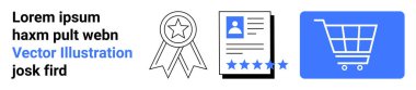 Alışveriş arabası, yıldız dereceli profil kartı ve kaliteli rozet. Ecommerce, ürün derecelendirme, müşteri değerlendirmeleri, sertifika, dijital kimlik, çevrimiçi alışveriş sade iniş sayfası için ideal