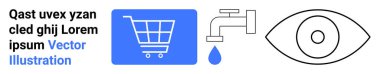 Mavi alışveriş arabası, damlayan musluk, ve ticaret, su tasarrufu ve vizyonu temsil eden metinlerle özetlenmiş göz. Sürdürülebilirlik, e-ticaret, izleme, farkındalık ve basit bir iniş için ideal