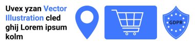 Alışveriş arabası, konum kodu, GDPR kalkanı basit bir iniş sayfasında e-ticareti, veri güvenliğini, kullanıcı gizliliğini, yasal uyum, navigasyon, perakende koruması ve dijital işi simgeler