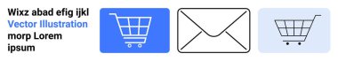 Minimalist alışveriş arabası ve özet çizilmiş zarf tasarımları. Ecommerce, e-posta pazarlama, perakende, iletişim, web tasarımı, reklamcılık, markalaşma, kullanıcı arayüzü için ideal basit
