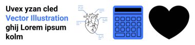 Veri etiketli anatomik kalp, mavi hesap makinesi ve siyah kalp sembolü. Sağlık, bilim, matematik, eğitim, finans, tasarım için ideal basit bir iniş sayfası