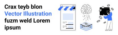 Dijital mağaza önü sunumu, fikir üreteci olarak nöral beyin, üst üste yığılmış veri katmanları, dijital para alan kullanıcı. E-ticaret, beyin fırtınası, yapay zeka ve veri yönetimi için ideal