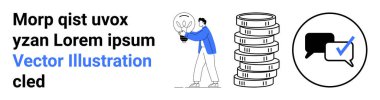 Elinde ampul tutan adam, uzun bir bozuk para yığınının yanında duruyor. Konuşma baloncuğu da işaretleri gösteriyor. Yenilik, finans, başarı, planlama, üretkenlik, karar verme, sade iniş için ideal