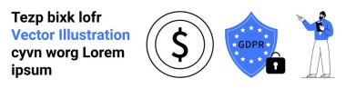 Finansmanı sembolize eden dolar parası, veri koruması için GDPR kalkanı, güvenli kavramlara işaret eden kişi. Gizlilik, güvenlik, uyum, finans, dijital ekonomi ve çevrimiçi işlemler için ideal