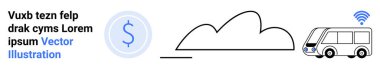 Kablosuz sinyal ve bulut grafikli kendi kendine giden otobüs. Dolar işareti ekonomiyi gösteriyor. Teknoloji, yenilik, ulaşım, bağlantı, otomasyon, maliyet verimliliği, basit iniş sayfası için ideal