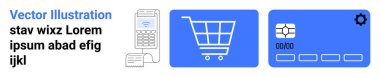 Faturalı POS terminali, alışveriş arabası ikonu, çipli kredi kartı, temiz tasarımlara karşı. Çevrimiçi alışveriş, e-ticaret, işlemler, bankacılık, mobil ödemeler perakende fintech için ideal