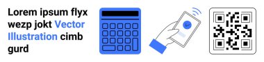 Hesap makinesi, ödeme onaylı akıllı telefon ve QR kodu dijital finansı vurguluyor. Teknoloji, mobil ödeme, fintech, muhasebe, e-ticaret, güvenlik sade iniş sayfası için ideal