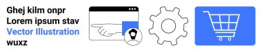 Dijital arayüzü işaret eden parmak, ayarlar için teçhizat, e-ticaret için alışveriş arabası. Çevrimiçi perakende satış, uygulama tasarımı, web geliştirme, kullanıcı arayüzü, e-ticaret kurulumu, kullanıcı yolculuğu için ideal