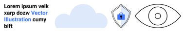 Bulut grafiği, kilit ve göz ikonuyla birlikte güvenlik kalkanının yanında. Siber güvenlik, veri gizliliği, bulut depolama, izleme, çevrimiçi koruma, dijital güvenlik, düz iniş sayfası afişi için ideal