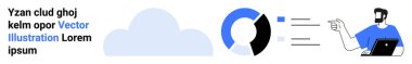 Bulut grafiği, dairesel tablo ve verileri inceleyen bir iş figürü. Bulut hesaplama, veri analizi, iş görüşleri, teknik çözümler, proje planlaması, web kavramları için ideal