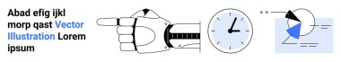 İleriyi gösteren robot el, analog saat ve yenilik, zaman yönetimi ve veriyi sembolize eden analitik diyagram. Teknoloji, otomasyon, bilim, verimlilik analizi için idealdir.