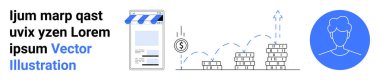 E-ticaret mağazası önü, yükselen madeni paralar, yükselen ok ve kullanıcı profili. İş için ideal, çevrimiçi alışveriş, finansal büyüme, pazarlama, girişimler müşteri analitiği basit iniş sayfası
