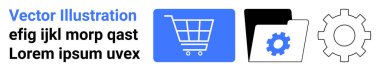 Mavi alışveriş arabası, dişli ikonlu klasör, ve çark e-ticaret tasviri, dosya yönetimi, sistem ayarları. Perakende, teknoloji, otomasyon, yazılım ayarları için ideal e-ticaret işleri basit