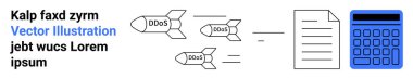 DDoS etiketli füzeler siber saldırıları sembolize eden bir belge ve hesap makinesine doğru uçuyor. Siber güvenlik, teknoloji, riskler, ağlar, internet güvenliği, dijital tehditler, basit iniş sayfası için ideal