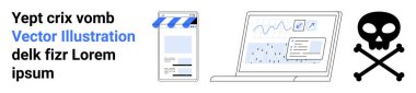 Mobil mağaza önü, analitik haritası ve verisi olan dizüstü bilgisayar, çapraz kemikli kafatası. E-ticaret, risk yönetimi, çevrimiçi iş, siber güvenlik, veri analizi, eğitim için ideal